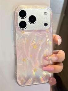 Luxury Y2K Cute Cartoon Stars Graffiti Phone Case Compatible With IPhone 17 Pro Max 17 Pro 17 16 Pro Max 16 Pro 16 15 Pro Max 15 Pro 14 Pro Max 14 Pro 13 12 Pro Max 11 16 15 14 Plus Fashion Laser Feather Pattern Protective Back Cover - Pink - View 5