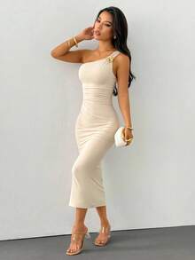 Elegante vestido de cóctel midi ajustado con cuello asimétrico sin mangas para mujer con detalles fruncidos en tejido con ligero estiramiento y abertura en el bajo. - Albaricoque - Ver 6