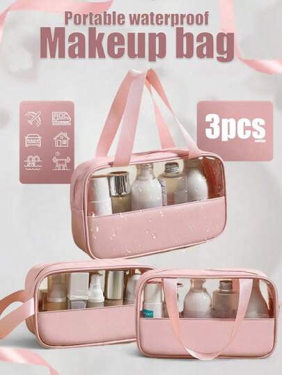 3/1pc Pink PU Toiletry Bag, Portable Waterproof Storage Travel Organizer, Large Capacity Multi-Function Transparent PVC Makeup Bag, Unisex Bathroom Gym Bag For Skincare, Cosmetics, Shampoo, Toothbrush, Curling Iron Etc.,Pouch,Makeup Pouch,Travel Essential