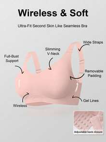 Soutien-gorge sans couture rembourré sans fil à couverture intégrale de couleur unie pour femmes, confortable et doux, avec coussinets amovibles, style de base avec une touche sportive - Rose bonbon - Voir 5