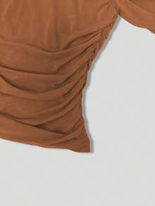 Women's Coffee Mesh Sheer Long Sleeve Pleated Blouse, Sexy Fitted High Neck, Fashionable Versatile All-Match, Suitable For Commuting, Business, Early Spring & Autumn/Winter - Mocha Brown - View 7