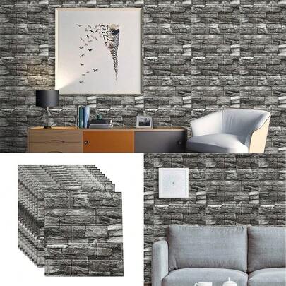 10 PCS Ladrillo Pantalla 3D Papel Tapiz Autoadherible Impermeable Para Pared, Ladrillo Para Cocina, Dormitorio, Oficina, Salón, Pared De Fondo De TV (Roca Negro)