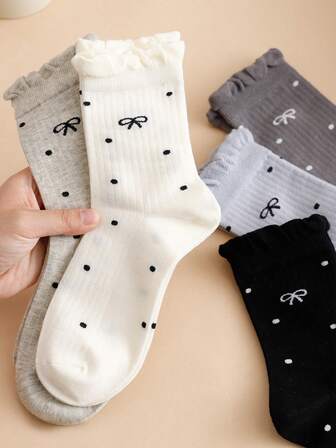 5 Pairs Women's Polka Dot Bow Cute Ruffle Mid-Calf Socks