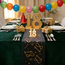 18岁生日桌旗，金色数字18和星星图案，复古18岁生日派对餐桌装饰，金色网纱桌裙，生日派对和宴会 - 彩色 - 查看 8