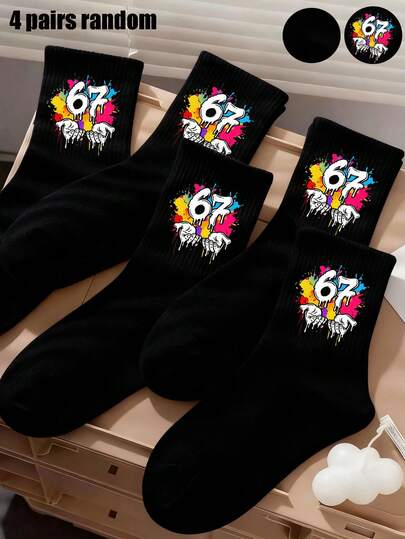 4 Pairs Random Color 67 Socks For Kids, 67 Six Seven Valentine Day Gift, Viral Streetwear 67 Socks, Gen Alpha Slang Graffiti Splash Socks, Six Seven 6 7 Meme Funny Hands, Black Back To School Everyday Urban Casual Socks For Teeangers