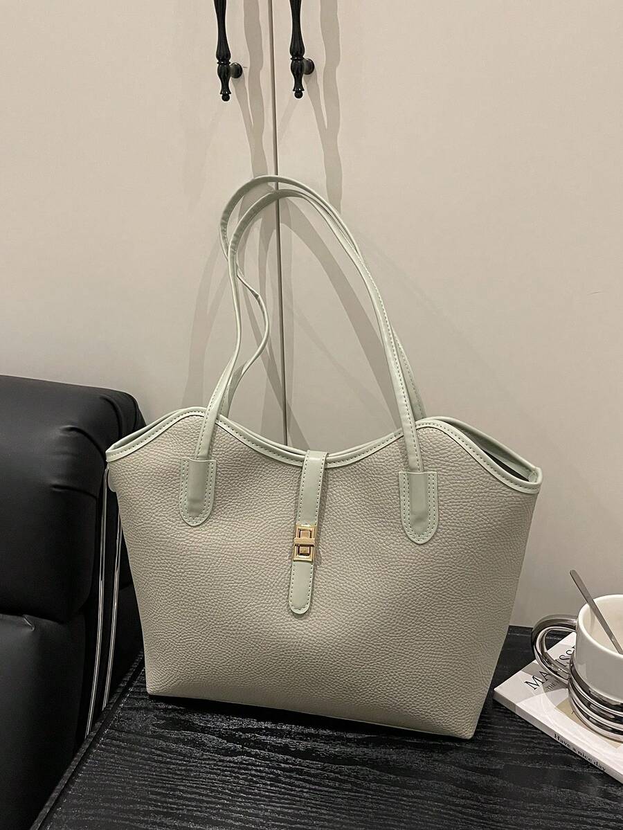 女士黑色绗缝衬里单肩托特包，时尚大容量组合包，按扣闭合，休闲街头风，适合摄影、日常通勤。 - 薄荷綠 - 查看 1