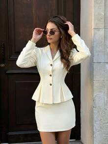 Women's Luxury White Faux Fur 2-Piece Set: Elegant Gold Button Ruffle Trim Blazer Jacket And Mini Skirt, Fashionable Old Money Aesthetic Suitable For Carnival Parties, Nightout, Office Wear, Paddington Style Outfit, Spring To Summer - Apricot - View 4