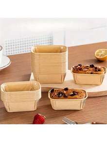 5/50/100个装不粘迷你蛋糕杯，耐油纸板烘焙杯 - 长方形迷你面包蛋糕和煎饼盒，带凹槽边缘，光滑易脱模，可堆叠设计，烘焙均匀 - 卡其色 - 查看 2