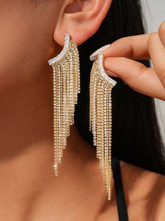 一对不对称几何水钻流苏耳环，时尚个性奢华百搭女士耳环