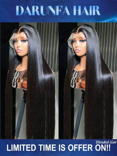 直发蕾丝前假发，200% 密度，13x4 全前透明高清蕾丝假发，无需胶水，28 英寸长黑色直发蕾丝假发，女士专用，预先修剪发际线，带婴儿绒毛