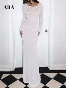 ARA CHIC Women's White Long Sleeve Backless Sheer Maxi Dress, Can Be Paired With Matching Bikini As Sexy Beach Cover-Up, Creating Beach Vacation Vibe, 2026 Spring/Summer New Arrival - White - View 3