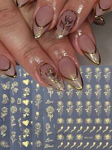 6片金色玫瑰美甲贴纸，自粘金色玫瑰花美甲贴花，DIY美甲装饰，适用于情人节、婚礼，适合女性和女孩美甲用品 - 金色 - 查看 2