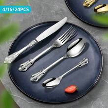 4/16/24pcs Silver/Gold Stainless Steel Vintage Cutlery Set, Steak Knife, Fork Spoon Dessert Spoon, For Home Kitchen Hotel Restaurant Party Festival Thanksgiving Easter Christmas Wedding, Home & Hotel Restaurant Tableware Combination, Kitchen Knife, Gift Cutlery Set, Western Restaurant Birthday Holiday Anniversary Cutlery Set, Machine Washer Washable