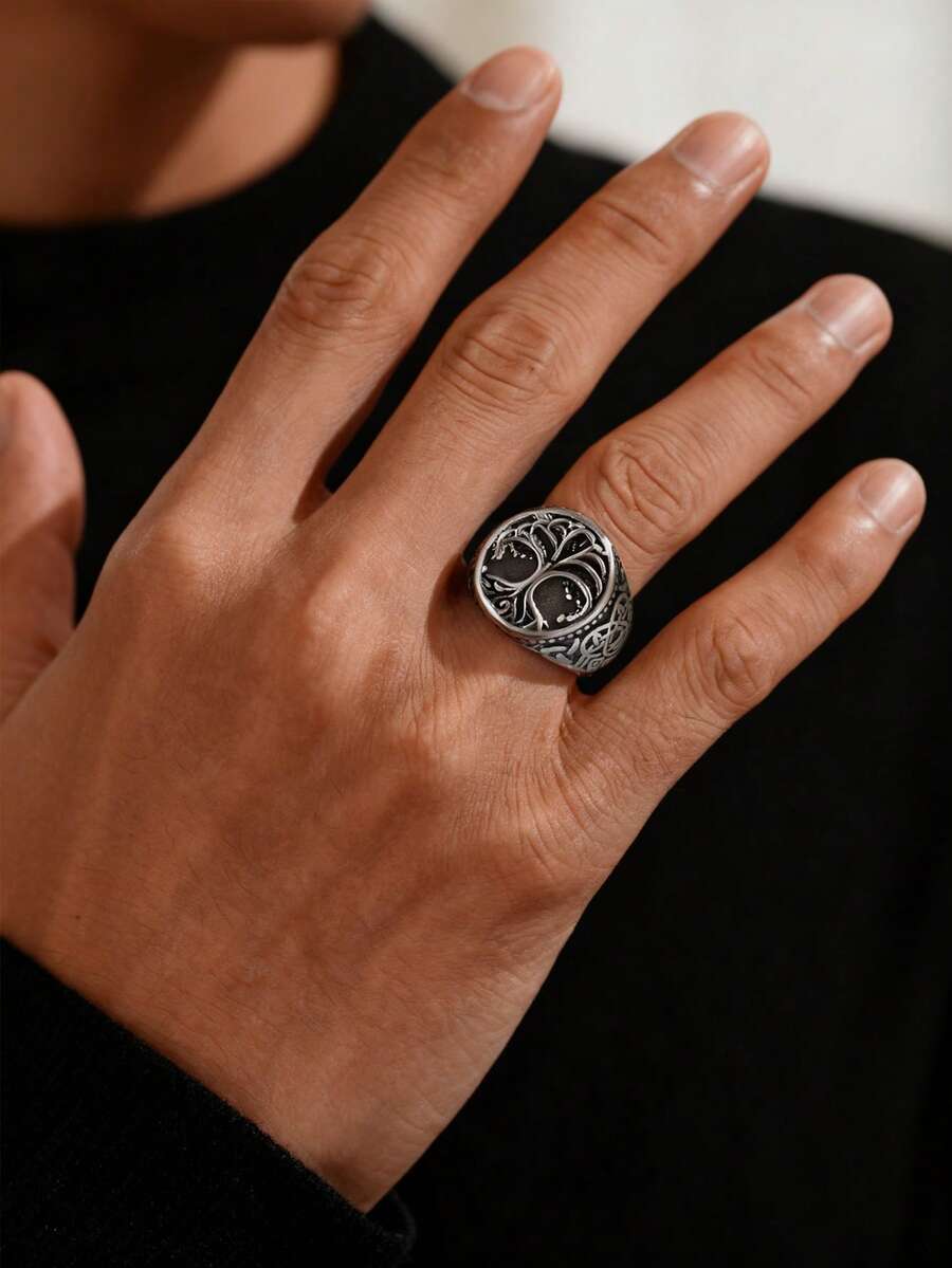 1 chiếc nhẫn nam bằng thép không gỉ kiểu punk thiết kế hình cây sự sống, trang sức thời trang thích hợp cho các bữa tiệc. - nhẫn - Xem 1