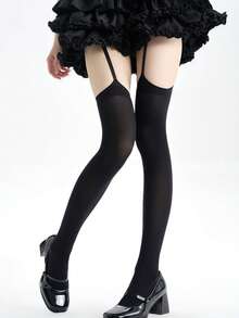 1双Y2K朋克风吊带袜，性感深色过膝长筒袜，修身款 - 黑色 - 查看 7