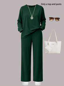 女士休闲运动套装，圆领长袖卫衣搭配带口袋阔腿直筒裤，两件套 - 墨綠色 - 查看 2