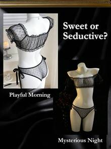 2pcs/Set Women Off Shoulder Bandeau Sexy Lingerie Lace Panty Transparent Set - Black - View 4