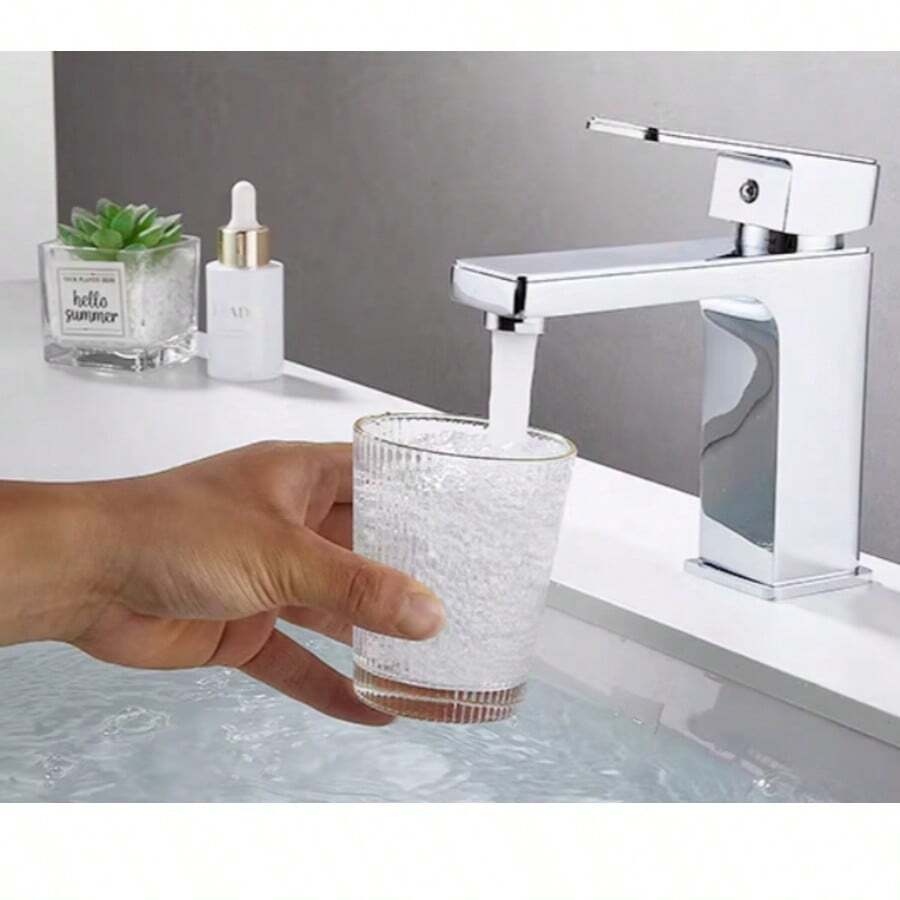 Grifo de baño de un solo orificio y una sola manija cuadrado, para agua fría y caliente - Plateado - Ver 1