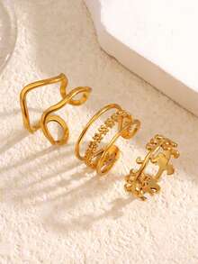 3pcs/Set Stainless Steel 18K Gold Plated Floral Line Personalized Hip Hop Rings Set, Suitable For Women Daily Wear And Party - Multicolor - View 6