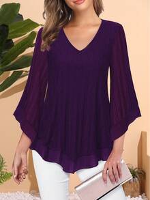 CheersLife Women's Elegant V-Neck Double-Layer Elastic Mesh Casual Flowy Work Blouse With Ruffle Trim, 3/4 Bell Sleeves And Waist Cinching Design - Violet Purple - View 1
