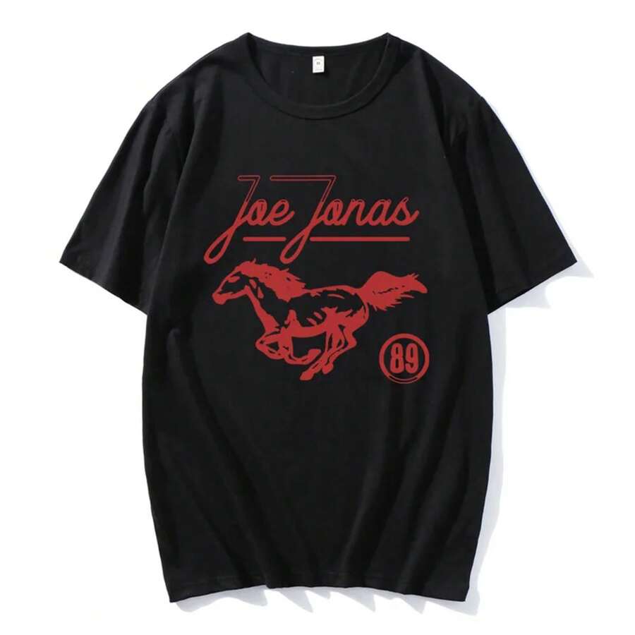 Mustang 89 Ringer Tee Joe Jonas Graphic Print Tshirts Summer Short Sleeve Cotton T-Shirt For Female Round Neck Unisex Streetwear - 黑色 - 查看 1