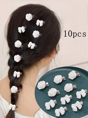 10pcs Girls White Flower Resin Hair Clips, Cute Mini White Bow Hair Clips, Suitable For Daily Life