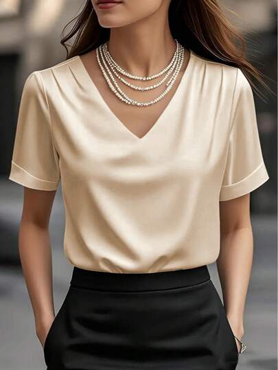 1pc Women's Solid Color Satin V-Neck Short Sleeve T-Shirt Blouse, Elegant & Fashionable For Daily, Office, Home, Date, Spring/Summer