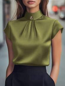 1件女士纯色缎面纽扣拉链优雅时尚短袖衬衫上衣，适合办公室、度假、居家、约会、春季、秋季、夏季穿着。 - 軍綠色 - 查看 5