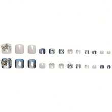 A Set Of 24 Shiny Artificial Toenails, Blue Tones, With Butterflies And Rhinestones, Reusable Women - 藍色蝴蝶閃耀鑽石 - 查看 5