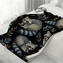 1pc Raccoons And Leaves On Black Background Pattern Printed Blanket Plush Flannel Blanket For Writing Desks Or Author Spaces - White - View 5
