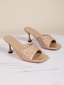 杏色方头高跟凉鞋，新款春夏菱形图案皮革鞋面单带露趾高跟鞋，优雅女士时尚细高跟凉鞋 - 杏色 - 查看 13