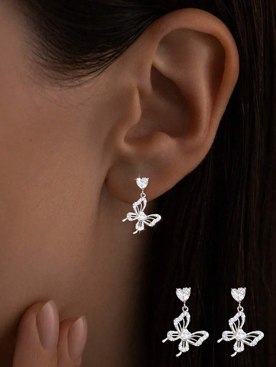 1件S925纯银锆石心形耳环，小巧通勤吊坠耳环，优雅 - 單隻耳環 - 查看 1