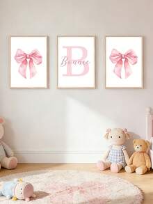3 Pcs Custom Name Wall Art Poster Personalized Name Pink Bow Print Painting Modern Print Picture Lovely Hanging Picture Bedroom Wall Decoration Girls Room Decor Birthday Gift No Frame,Home Harmony,Xmas Decoration,For Housewarming - Pink - View 10