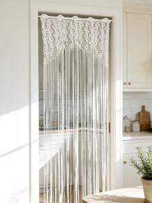 1件白色蕾丝门帘，长流苏，优雅树叶刺绣图案，公主风薄纱短款咖啡帘，适用于厨房、浴室、卧室门口，杆袋式顶部 - 白色 - 查看 2