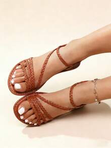 Dép xăng đan đế bằng nữ mùa hè 2026 mới, dép xỏ ngón thời trang đi biển với chi tiết đan lát, phù hợp cho mùa hè, kỳ nghỉ và đi làm. - màu nâu - Xem 3