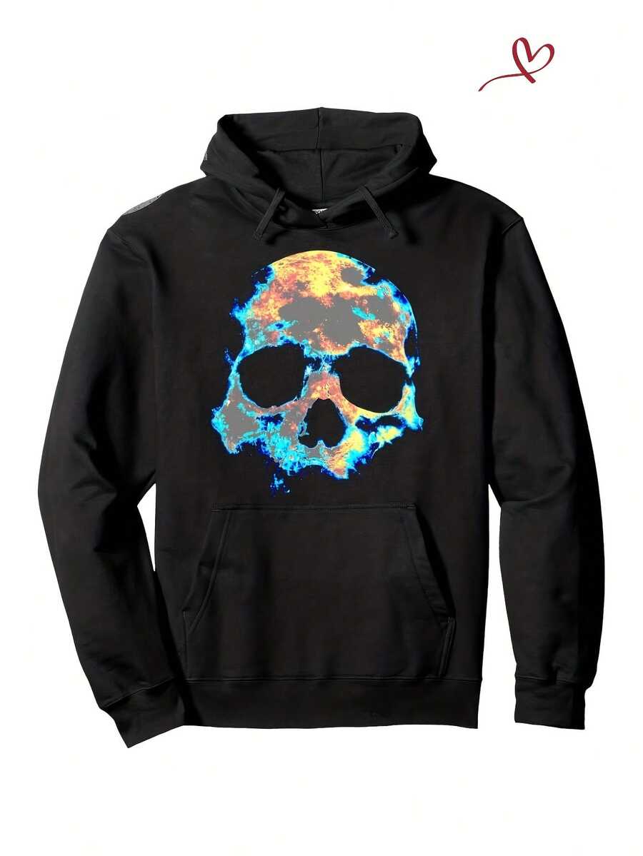 Men-S Black Hoodie With Glowing Blue Skull Print - Gothic Streetwear Pullover, Medium Stretch Fabric, All-Season Comfort, Drawstring Hood And Front Pocket, Casual Casual Attire, Ha_235 - Đen 12 - Xem 1