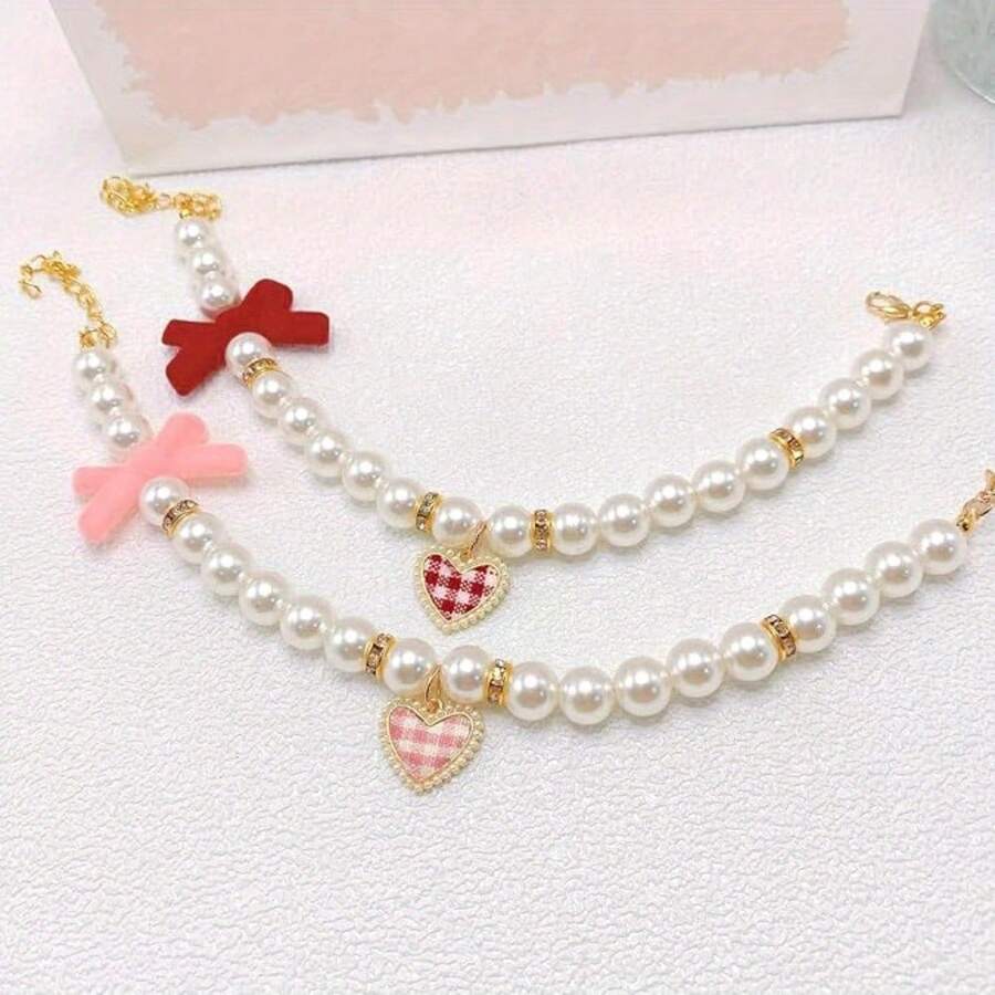 1 Piece Dog Cat Pearl Collar, Heart Pendant Pet Necklace Cute Girl Dog Collar With Bow Adjustable Wedding Pet Jewelry Accessories, Suitable For Small Dogs And Cats - Pink - View 1