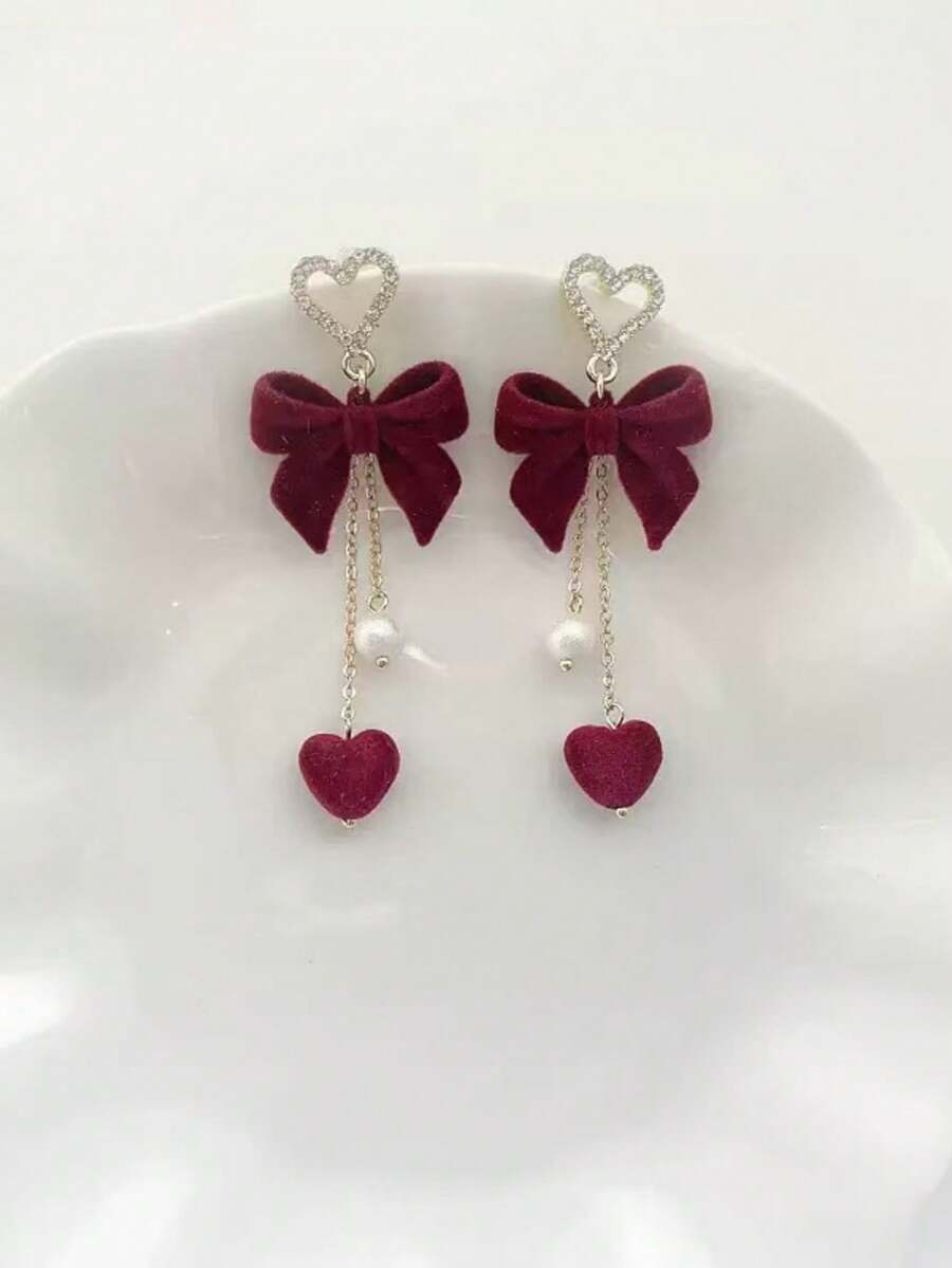 一对经典欧美风时尚红色爱心蝴蝶结流苏耳环，植绒内衬，奢华设计，复古耳环 - 彩色 - 查看 1