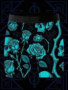 1 Pack Of Playful And Cute Casual Men's Boxer Shorts, Featuring A Design Of Dark Blue, Skull, And Rose Patterns On Short Pants. Made Of Knitted Fabric. Valentine's Day Creative Boxer Shorts, Breathable And Sweat-Wicking, Soft And Skin-Friendly. Perfect Gift For Boyfriends. Novelty Men's Shorts. - Multicolor - View 1