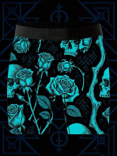 1 Pack Of Playful And Cute Casual Men's Boxer Shorts, Featuring A Design Of Dark Blue, Skull, And Rose Patterns On Short Pants. Made Of Knitted Fabric. Valentine's Day Creative Boxer Shorts, Breathable And Sweat-Wicking, Soft And Skin-Friendly. Perfect Gift For Boyfriends. Novelty Men's Shorts.