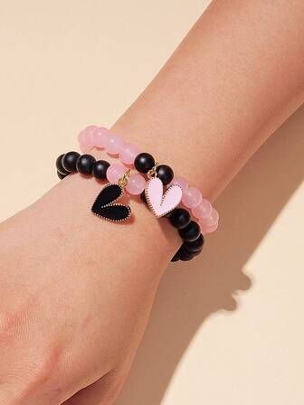 2件套情人节简约粉黑撞色玻璃珠心形吊坠情侣手链套装