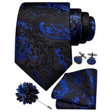 GUSLESON 8cm Paisley Tie Set For Men Necktie Lapel Pin Pocket Square Cufflinks Set For Men,RoyalBlue/Black - 皇家藍/黑色 - 查看 1