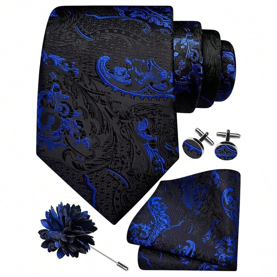 GUSLESON 8cm Paisley Tie Set For Men Necktie Lapel Pin Pocket Square Cufflinks Set For Men,RoyalBlue/Black - 皇家藍/黑色 - 查看 1