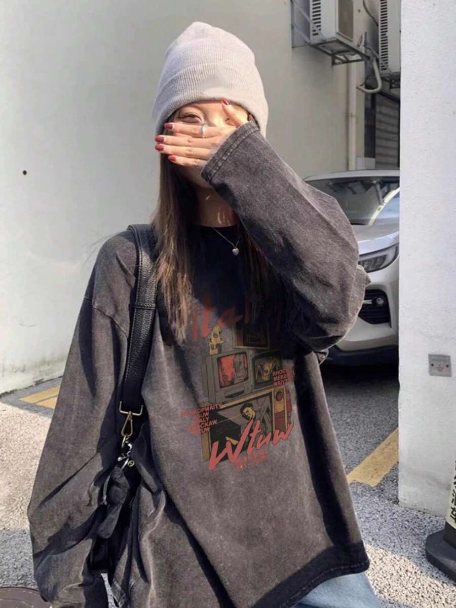 女士复古水洗黑色 Y2K 字母图案宽松休闲长袖圆领 T 恤，街头风，适合度假、居家、上学、春季穿着 - 黑色 - 查看 1