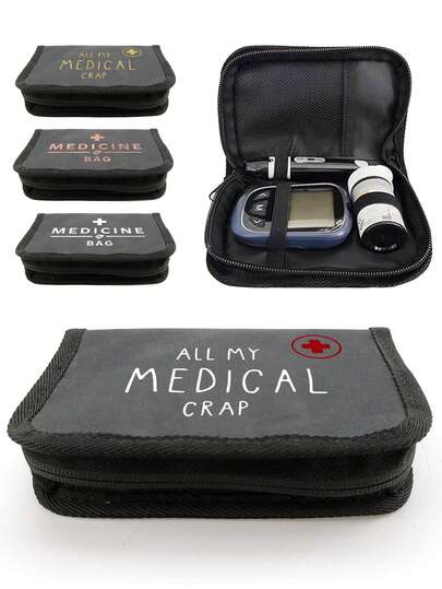 Estuche portátil con múltiples compartimentos con patrón "Médico" y "Medicina", kit portátil para organizadores de viaje con diabetes, accesorios para diabetes, adecuado para glucómetros, lancetas y otros suministros médicos, caja de almacenamiento portátil, artículo esencial de salud, necesidad de viaje, producto para pacientes diabéticos, imprescindible para personas concienciadas con la salud