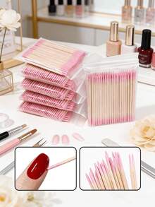 25/100/200/300/400/500/600/800/1000-Piece Pack Of Double-Ended Nail Polish Remover Cotton Swabs, Small Pointed Double-Ended Eyebrow And Makeup Cleaning Tools, Approximately 100 Pieces Per Pack, Can Be Used For Wiping, Nail Care Products, Nails, Nail Polish Remover, Nail Care Tools, Back-To-School Supplies, Press-On Nail Care Tools, Long Pointed Wooden Sticks, Used For Cleaning Fingertips And Applying Glue, Suitable For Touching Up Eyeliner, Eyeshadow, Lipstick, Nail Care, Etc. (Pink And White) - 粉色 - 查看 1