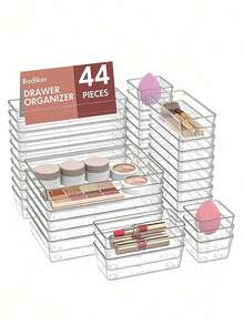 18pcs/16/12/7/4/1 pieza Cajas Organizadoras de Cajones, Cajas de Almacenamiento de Escritorio, 4 Opciones de Tamaño, Caja Organizadora de Cosméticos, Caja de Almacenamiento de Compartimentos de Acrílico Transparente, Dormitorio, Oficina, Cajas Organizadoras Divisoras de Cajones de Baño, Suministros de Oficina, Esencial de Viaje, Decoración de Habitación - color transparente - Ver 10