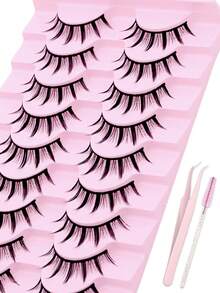 10对自然款假睫毛套装，含睫毛刷和睫毛贴，卡通3D仿貂毛睫毛，柔软卷翘逼真假睫毛条 - 半眼睫毛 - 查看 10