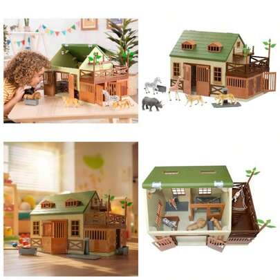 U2013 15 Pieces Animal Hospital Playset U2013 Wooden Vet Clinic With Openable Rooftop Farm Animals U2013 Pretend Toddlers 3+ Years