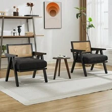 Silla de acento moderno de mediados del siglo con respaldo de ratán y cojín de lino grueso, marco de madera, sillas de salón tapiceadas Silla de lectura para dormitorio Sunroom - Gris - Ver 8